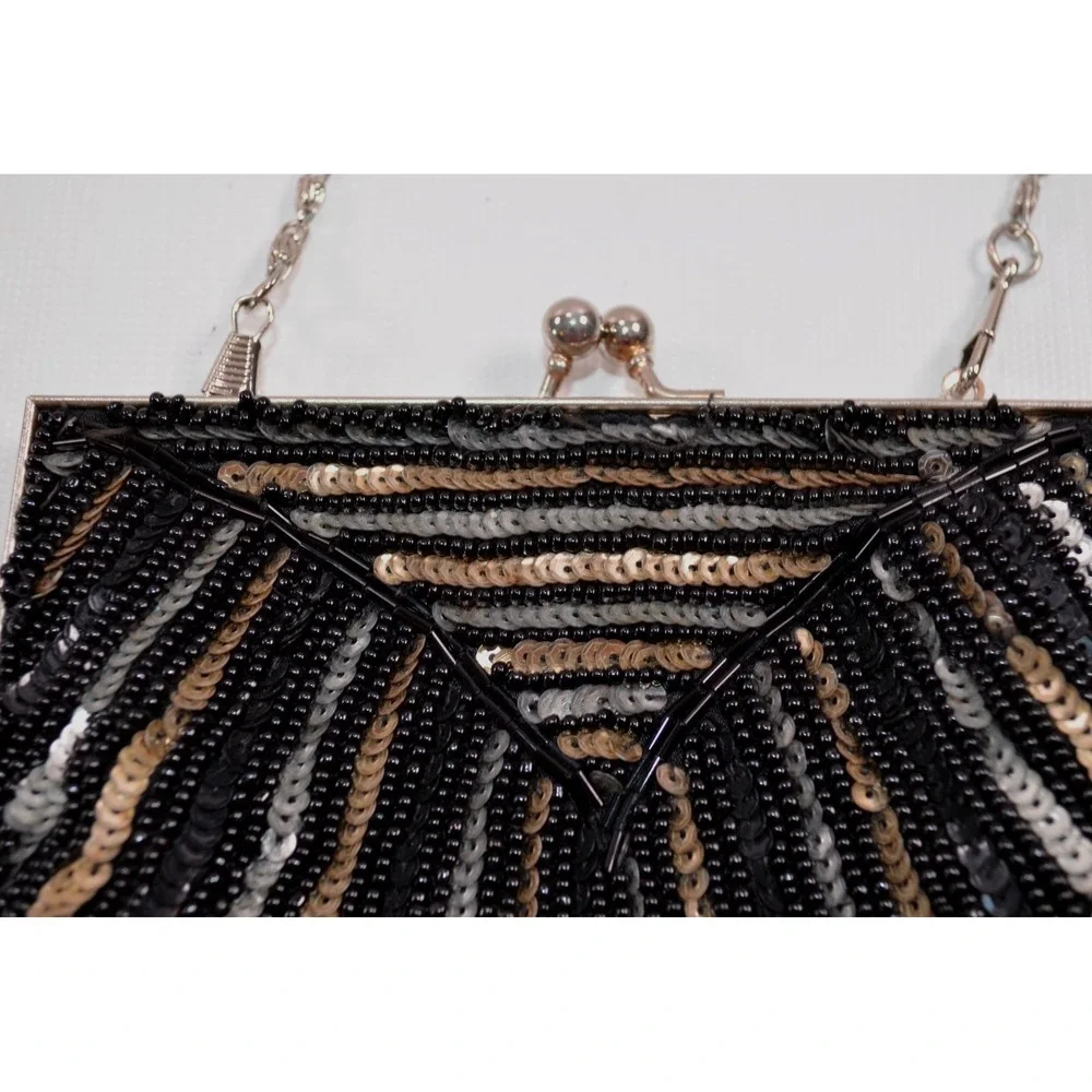 Vtg Gold Silver Sequined Beaded Handbag Purse Evening Purse Handmade Hong Kong